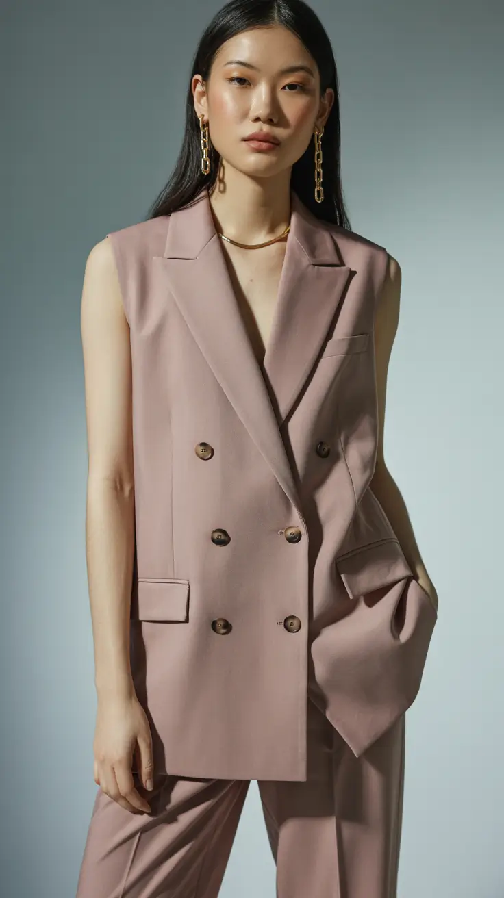stylish classy spring outfits for 2026 Sleeveless Suiting With Soft Mauve Precision