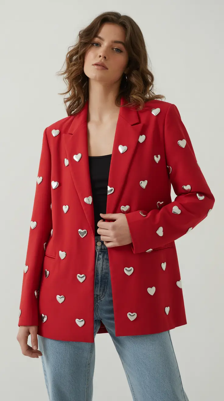 stylish spring outfits aesthetic for 2026 Heart-Studded Red Blazer