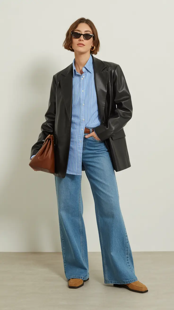 vibrant spring outfits 2026 Leather Structure With Relaxed Denim