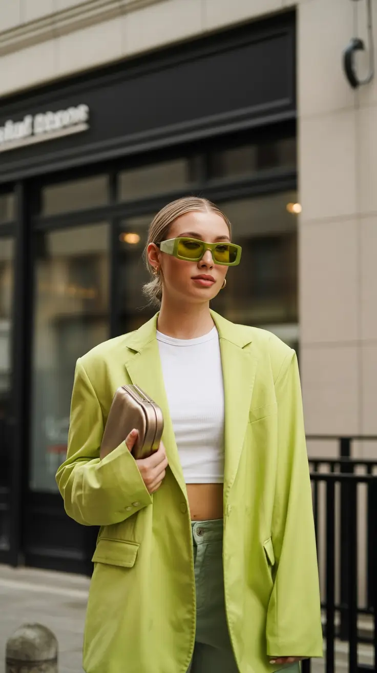 vibrant spring outfits 2026 Lime-Toned Layers With Futuristic Minimalism