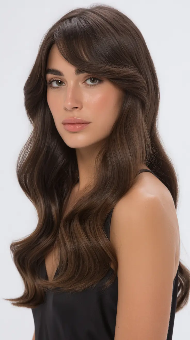 beautiful spring caramel hair color 2026 Soft Espresso Waves With Melted Caramel Dimension