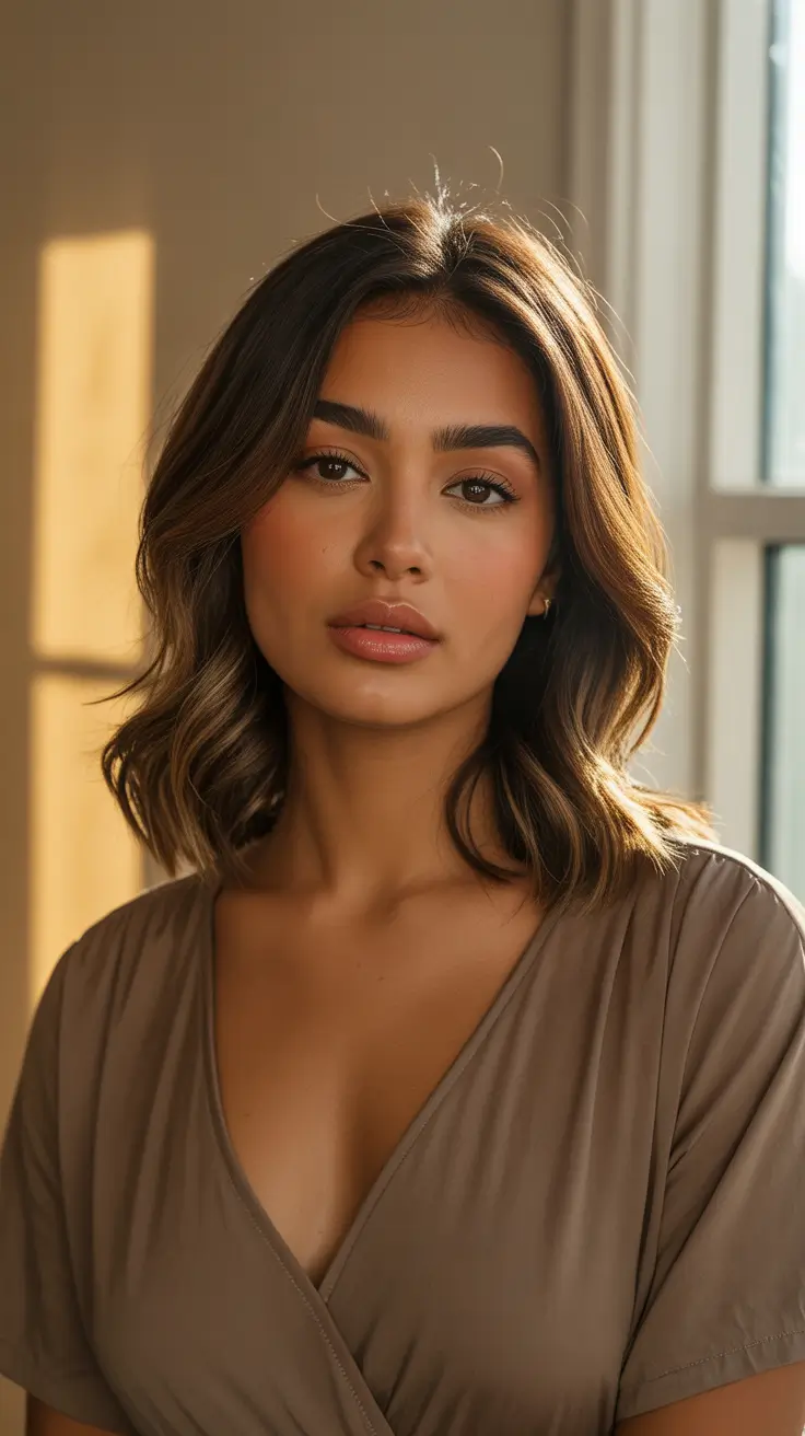 beautiful spring caramel hair color 2026 Soft Caramel Brunette Lob With Sunlit Glow