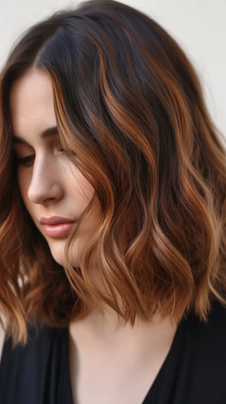 beautiful spring caramel hair color 2026 Copper-Caramel Textured Lob With Artistic Dimension