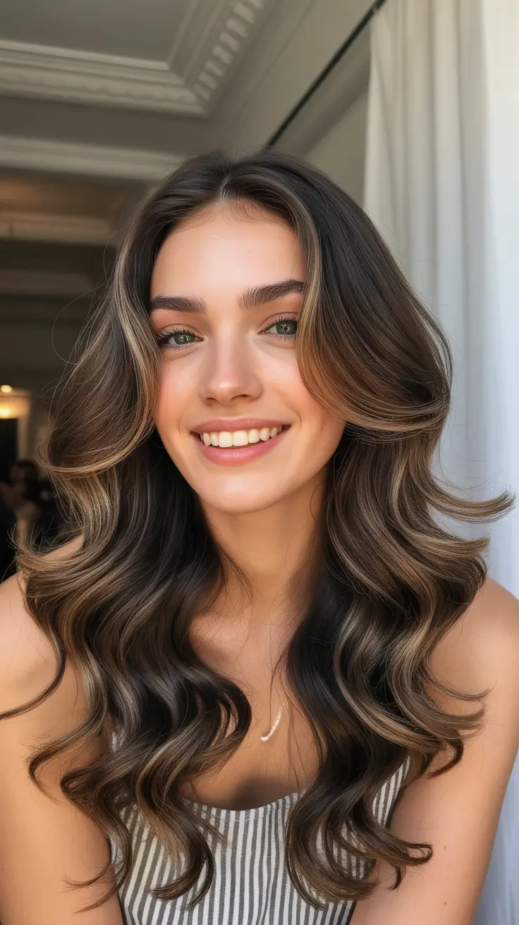 beautiful spring caramel hair color 2026 Glossy Espresso Waves With Soft Caramel Halo