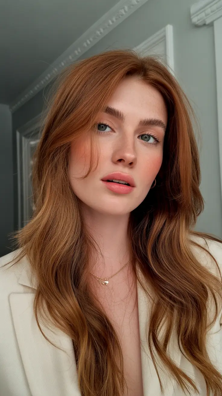 beautiful spring caramel hair color 2026 Radiant Auburn-Caramel Waves With Springtime Warmth