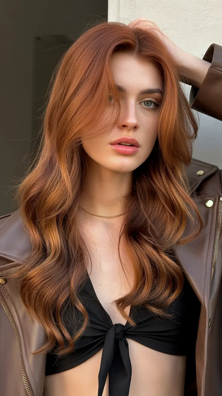 beautiful spring caramel hair color 2026 Fiery Copper-Caramel Layers With Effortless Edge