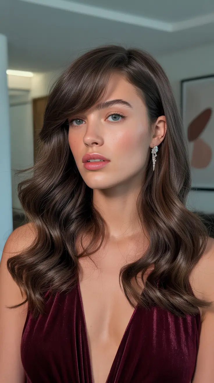 beautiful spring caramel hair color 2026 Elegant Auburn-Caramel Blend With Side-Swept Fringe