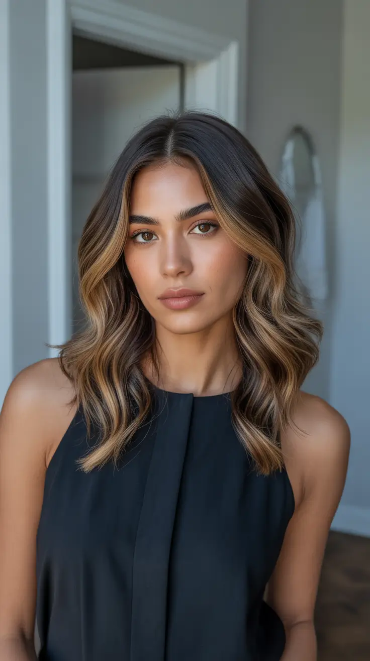 beautiful spring caramel hair color 2026 Dimensional Shoulder-Length Waves With Golden Caramel Contrast