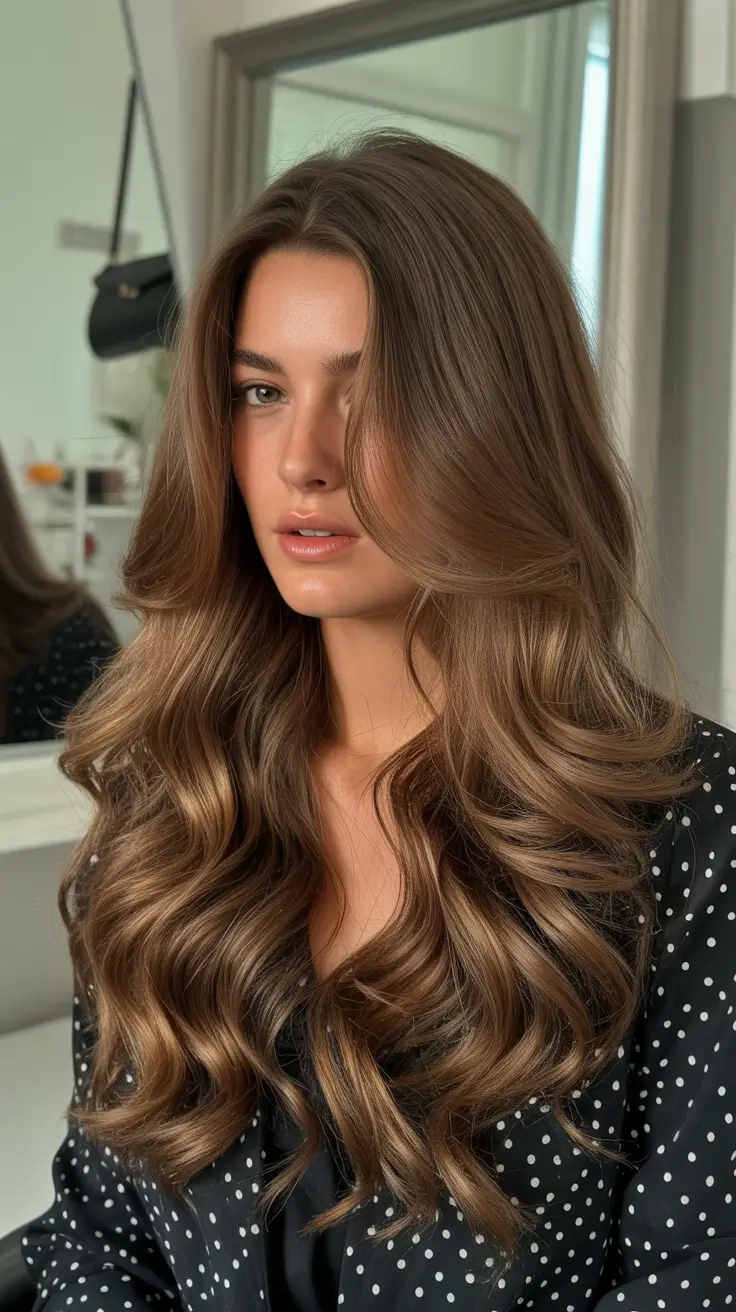 beautiful spring caramel hair color 2026 Luxurious Brunette Volume With Melted Caramel Ribbons