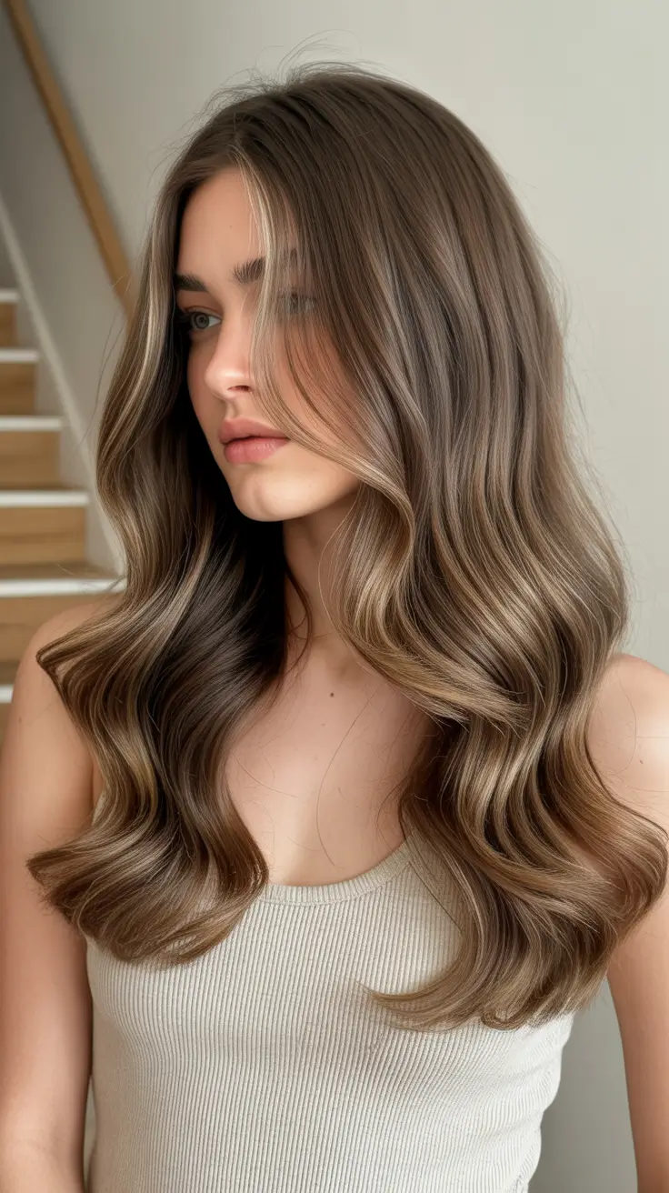 beautiful spring caramel hair color 2026 Cool Beige-Caramel Waves With Natural Brunette Depth