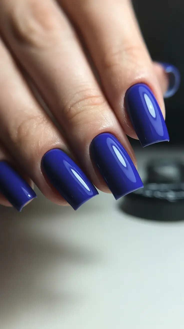 best trendy spring nails 2026 Deep Sapphire Gloss for Modern Long Square Nails