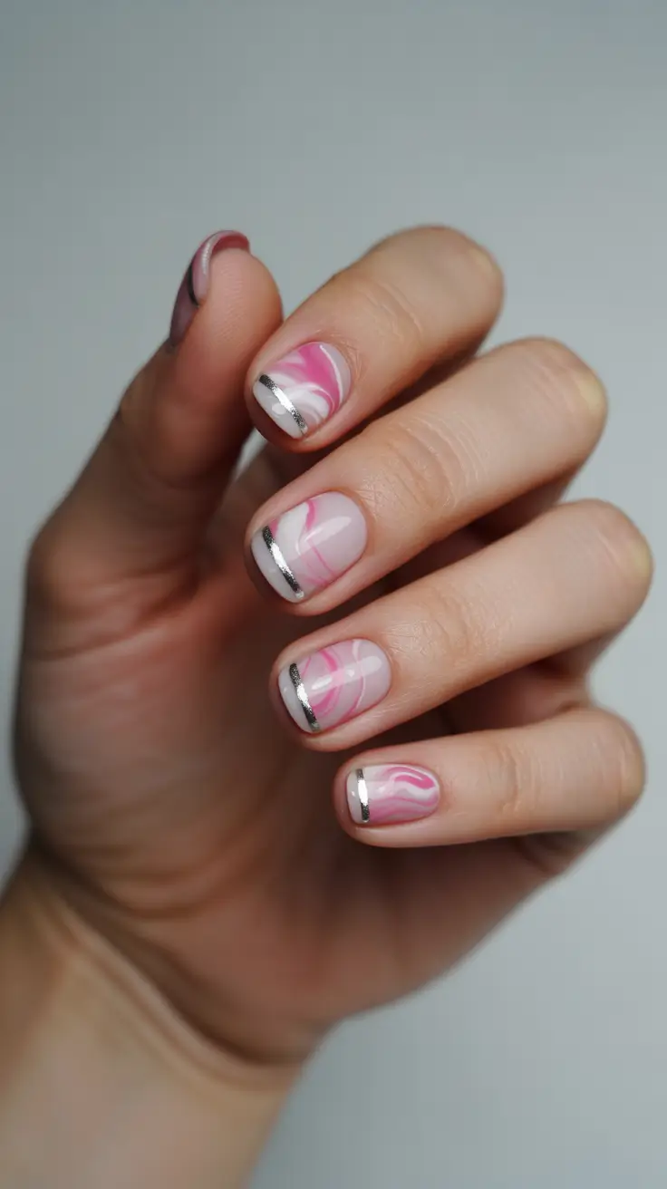 best trendy spring nails 2026 Playful Pink Marble Art for Trendy Short Spring Nails