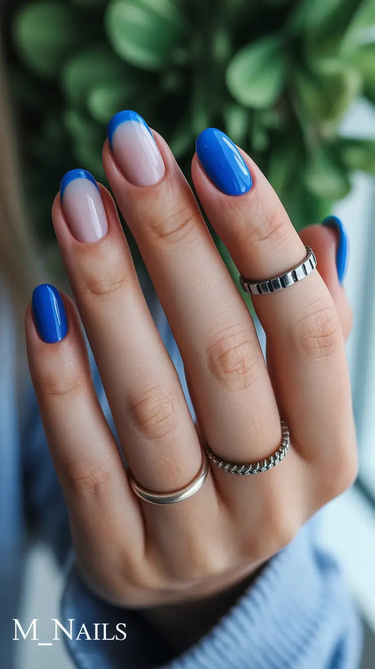 best trendy spring nails 2026 Bright Cobalt French Tips for Modern Spring Blue Nails