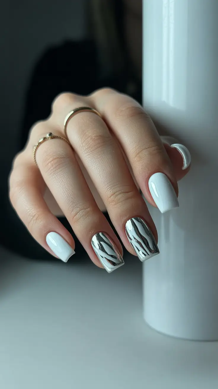 best trendy spring nails 2026 Modern Chrome Accent Nails with Crisp White Minimalism