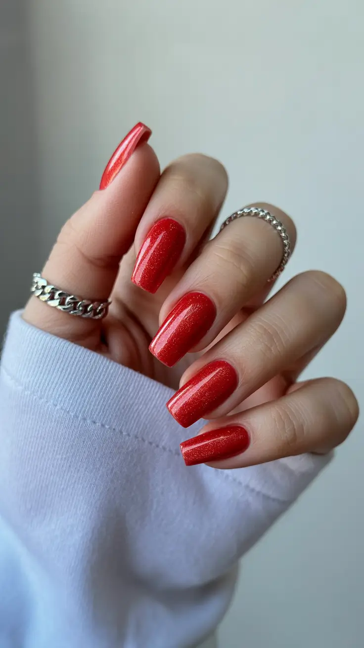 best trendy spring nails 2026 Vibrant Cherry Red Glitter for Classic Long Spring Nails