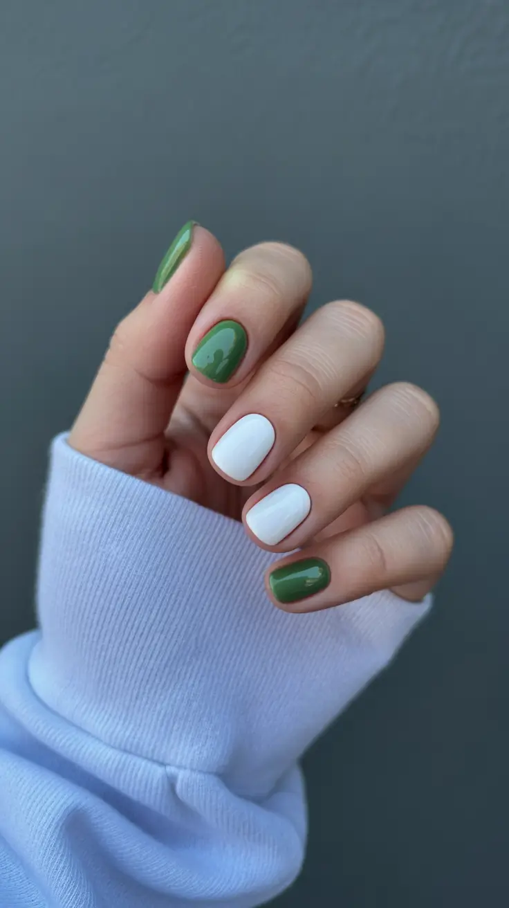 best trendy spring nails 2026 Fresh Green and White Minimal Nails for a Modern Color Block Look