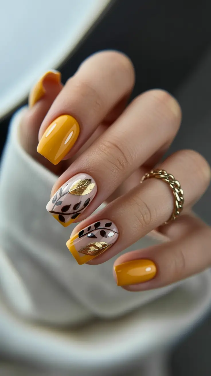 best trendy spring nails 2026 Golden Botanical Nail Art with Mustard Yellow Accents