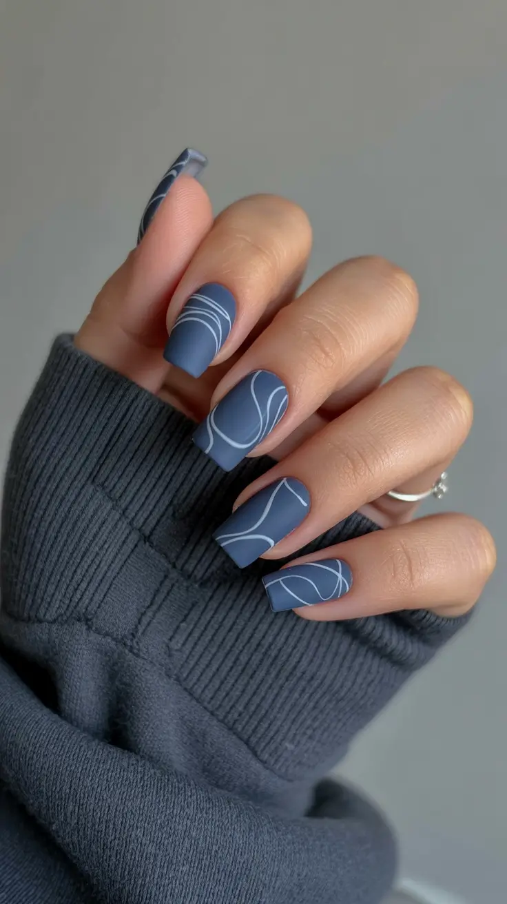 best trendy spring nails 2026 Matte Slate Blue Abstract Nails for Modern Minimal Art