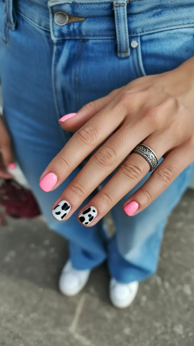 best trendy spring nails 2026 Playful Pink Nails with Graphic Cow Print Accent