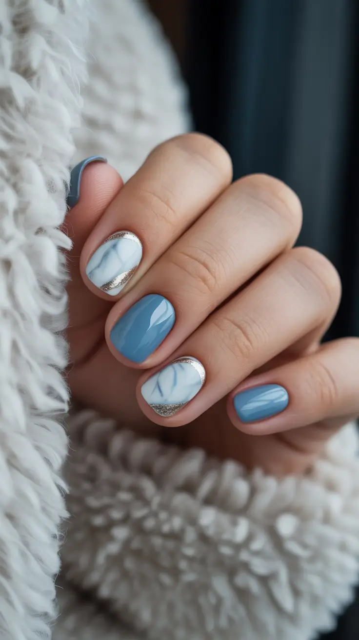 best trendy spring nails 2026 Soft Marble Blue Accents for Chic Short Nails