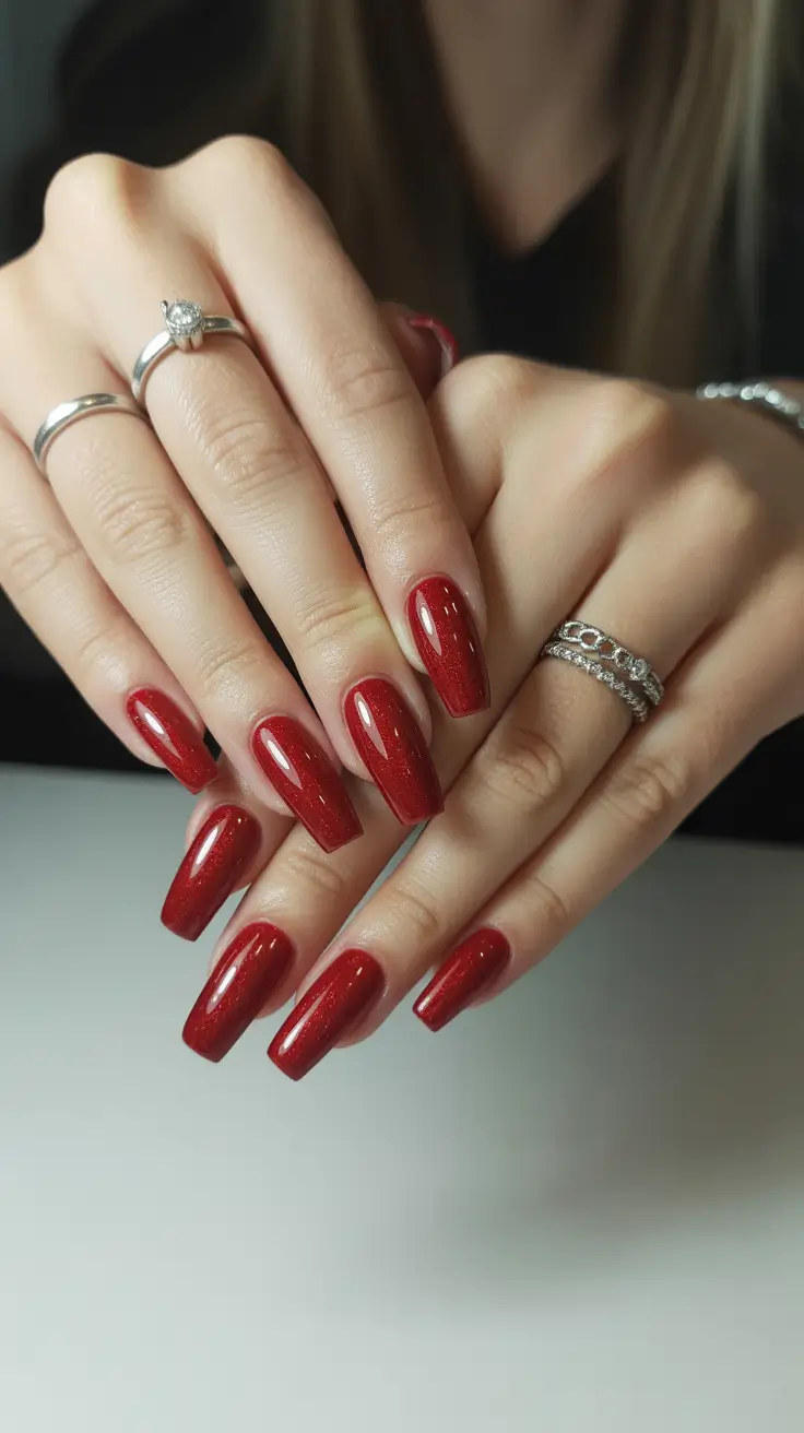 best trendy spring nails 2026 Glossy Cherry Red Coffin Nails with a Subtle Sparkle