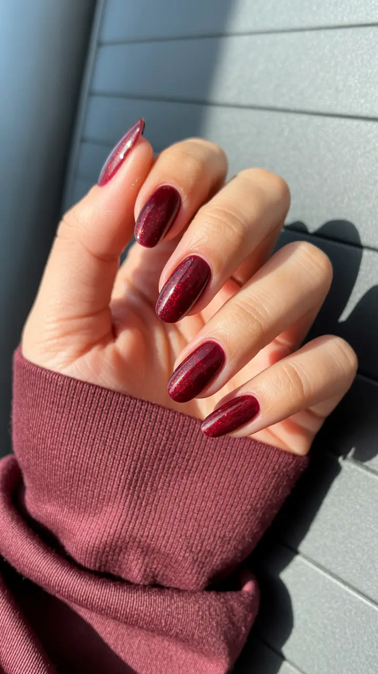 best trendy spring nails 2026 Deep Burgundy Shimmer for Elegant Long Almond Nails