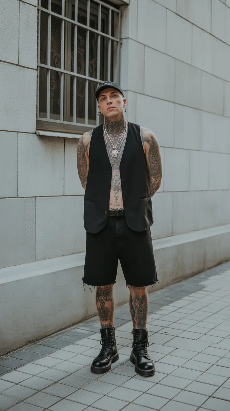 casual summer outfits men 2026 All-Black Summer Layers with a Rebellious Edge