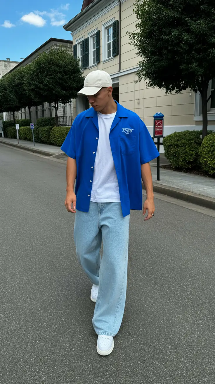 casual summer outfits men 2026 Blue Layers and Everyday Street Confidence