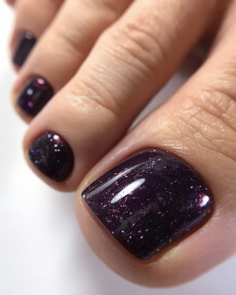 cozy spring toe nail color 2026 Galaxy Plum Sparkle for Early Spring Evenings