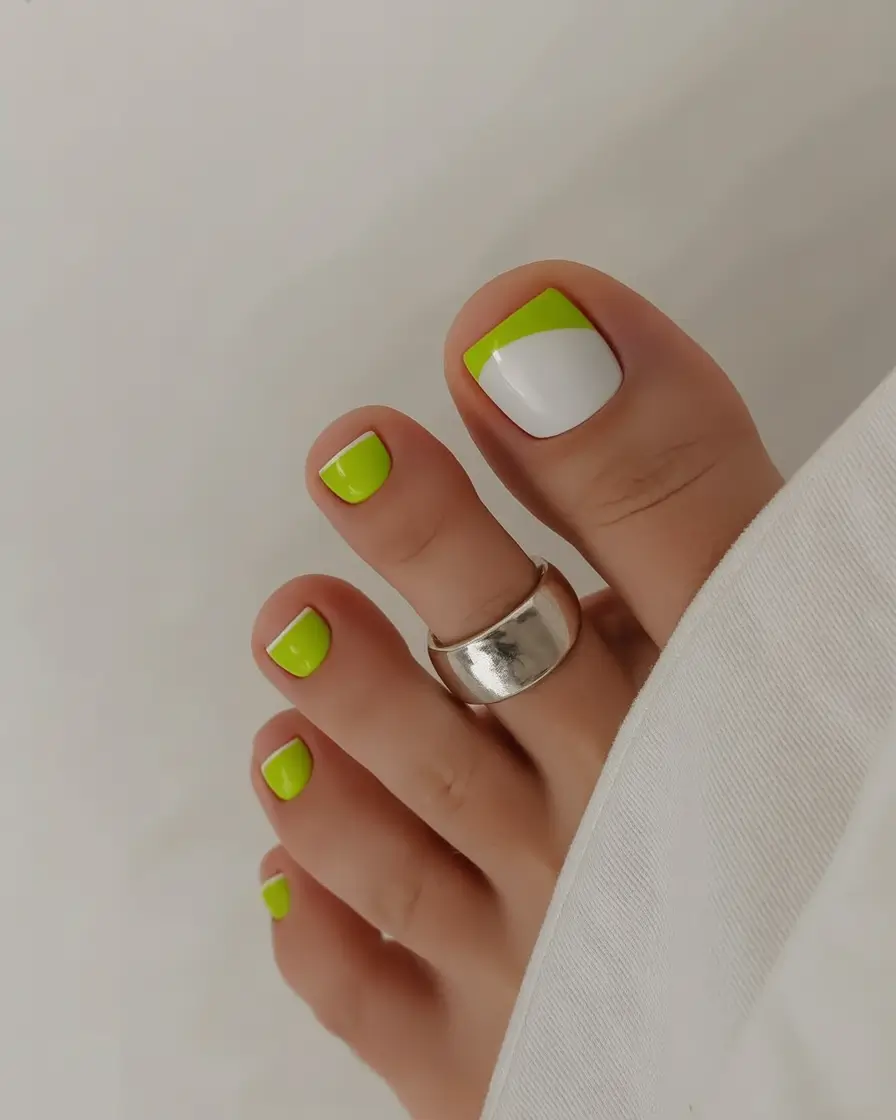 cozy spring toe nail color 2026 Neon Lime French Twist for Trendy Spring Pedicures