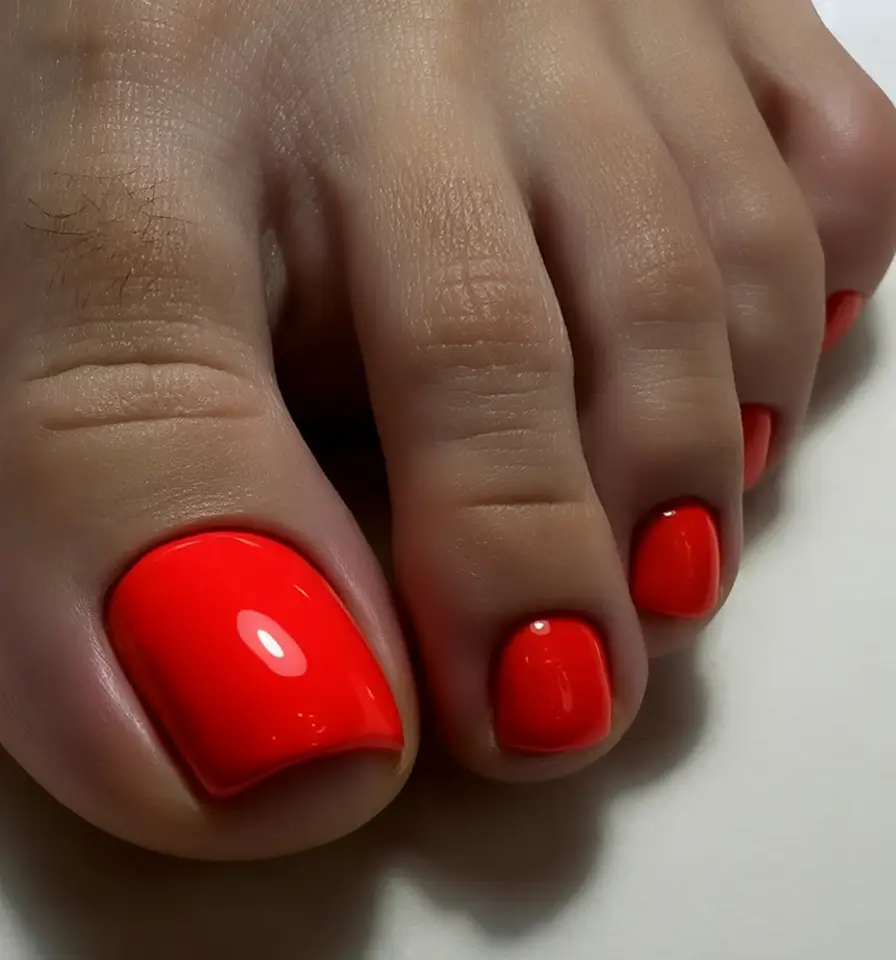 cozy spring toe nail color 2026 Glossy Coral Flame for Bold Spring Toe Nails