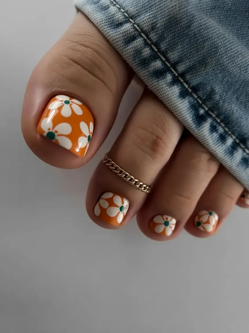 cozy spring toe nail color 2026 Retro Daisy Art for Playful Spring Pedicures