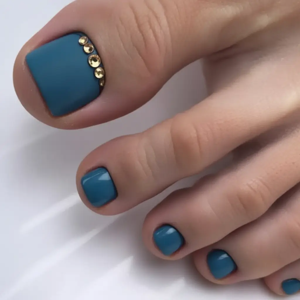cozy spring toe nail color 2026 Deep Teal Elegance with Minimal Crystal Detail