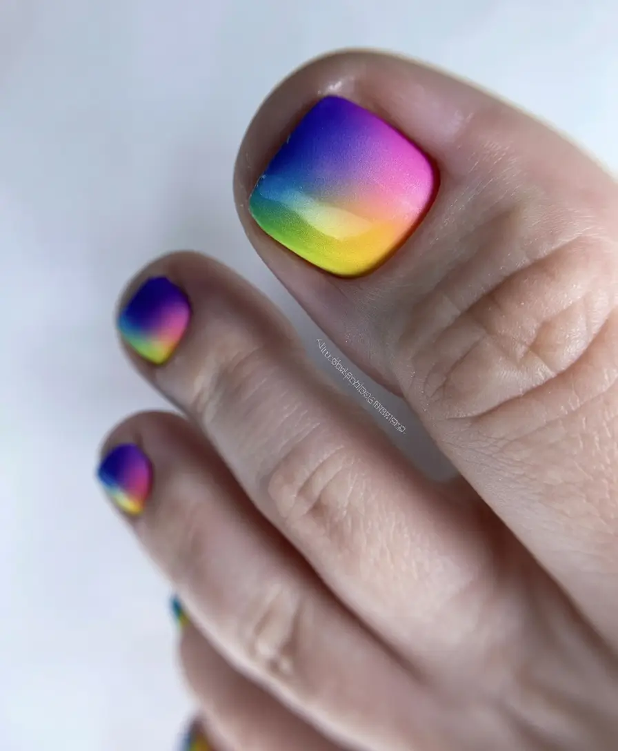 cozy spring toe nail color 2026 Rainbow Gradient for Playful Artistic Pedicures