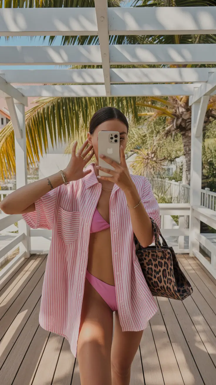 cute summer swimsuits outfits ideas 2026 poolside Pink Bikini Layers with Oversized Shirt Street Resort Vibes