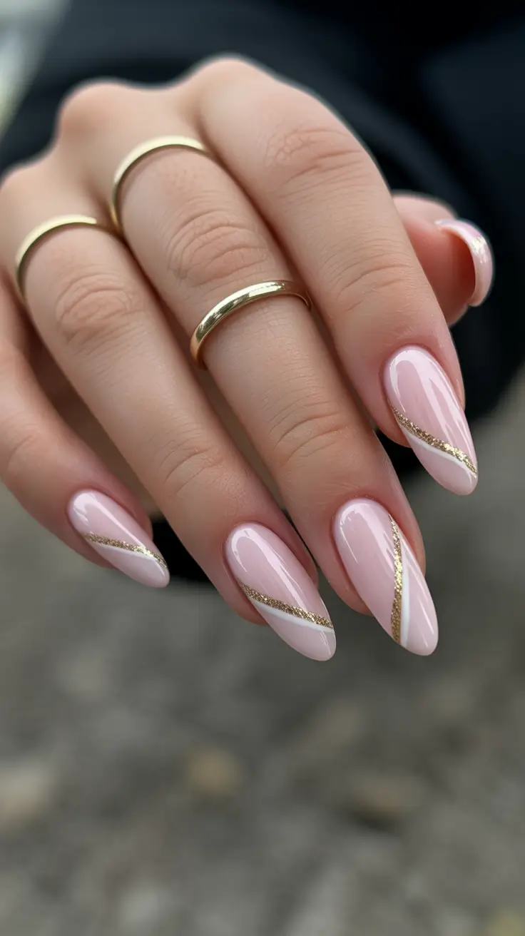 edgy spring almond nails 2026 Elegant Blush Almond Nails with Delicate Gold Line Art