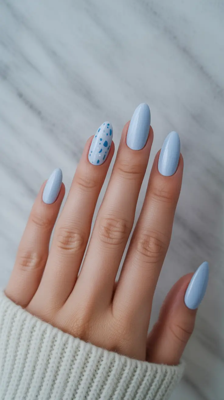 edgy spring almond nails 2026 Pastel Blue Almond Nails with Playful Dot Art