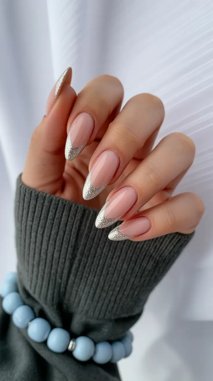 edgy spring almond nails 2026 Elegant Almond Nails with Glitter French Tips