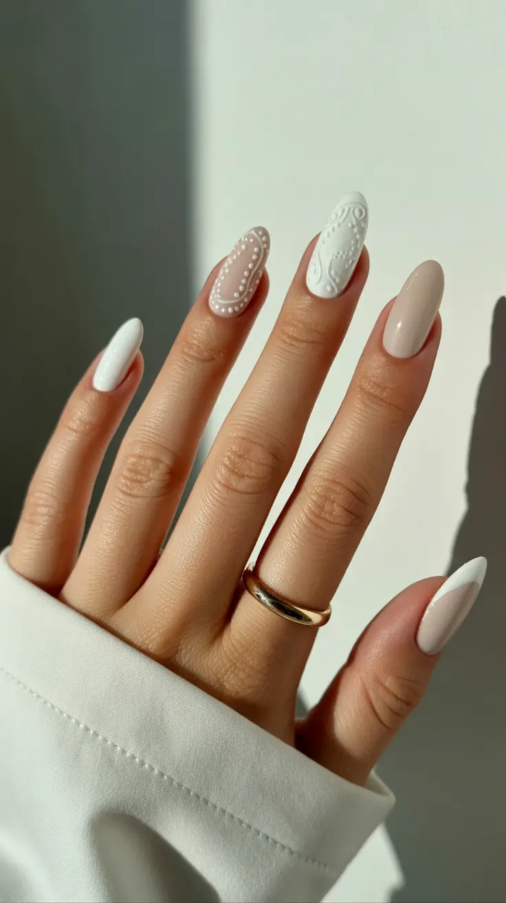 edgy spring almond nails 2026 Elegant Neutral Almond Nails with Delicate Embossed Art