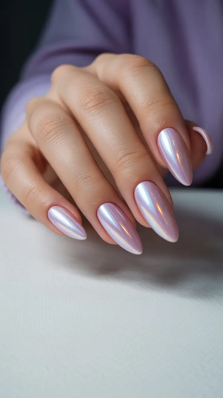 edgy spring almond nails 2026 Iridescent Pearl Almond Nails for a Dreamy Spring Finish