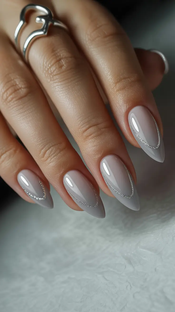 edgy spring almond nails 2026 Minimalist Milky Almond Nails with Delicate Silver Detail