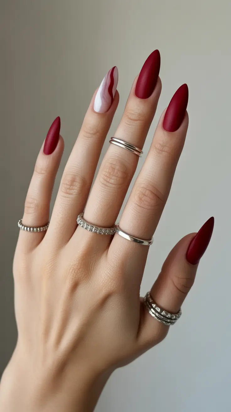 edgy spring almond nails 2026 Matte Burgundy Almond Nails with Modern Accent Art