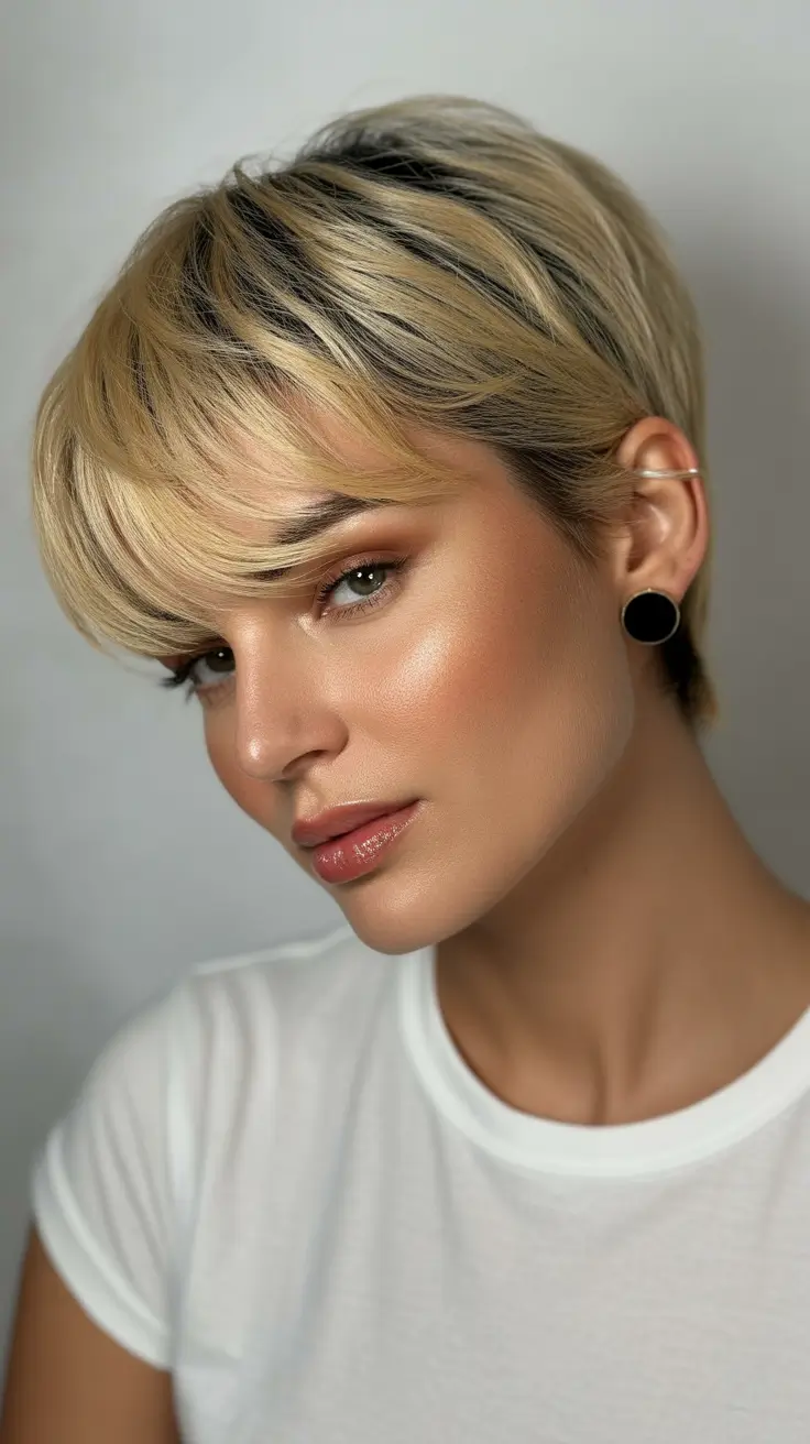 fabulous spring short hairstyles 2026 Layered Blonde Pixie With Feathered Fringe