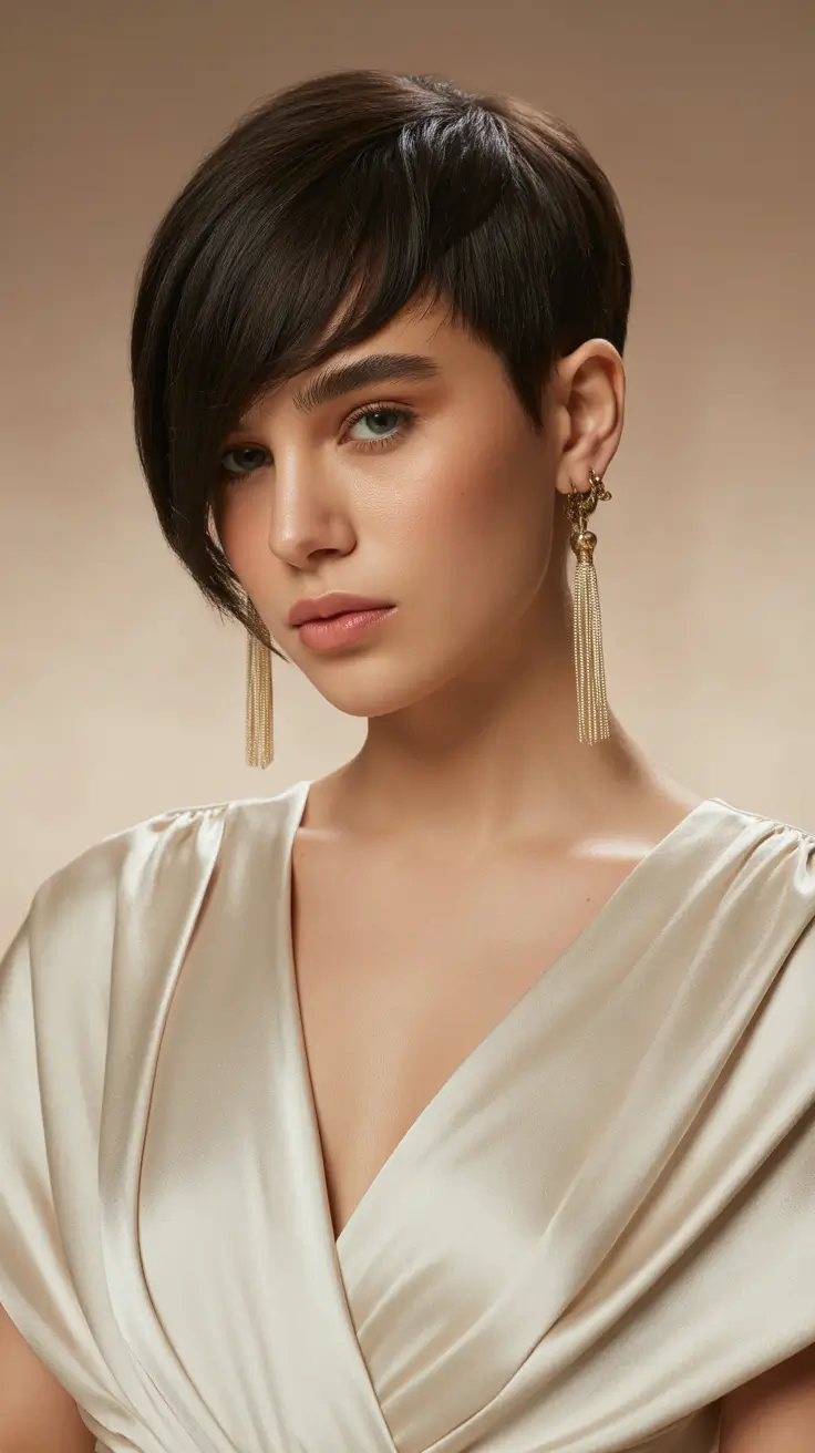 fabulous spring short hairstyles 2026 Side-Swept Brunette Pixie With Long Fringe