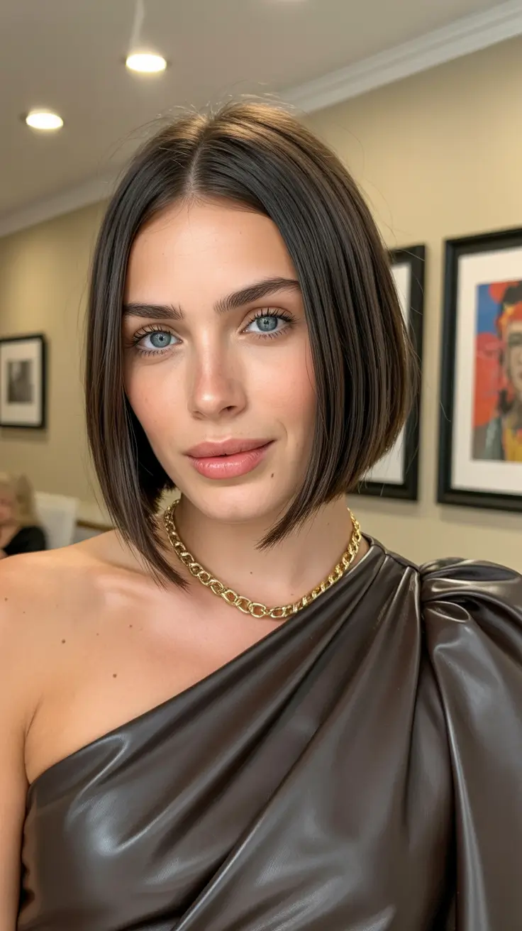fabulous spring short hairstyles 2026 Sleek Espresso Classic Jawline Bob