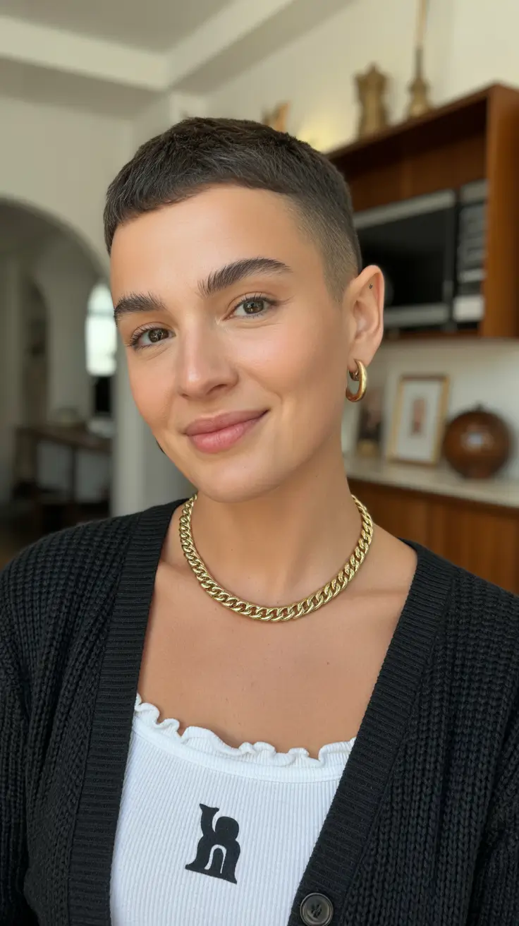 fabulous spring short hairstyles 2026 Ultra-Short Soft Buzz With Feminine Edge