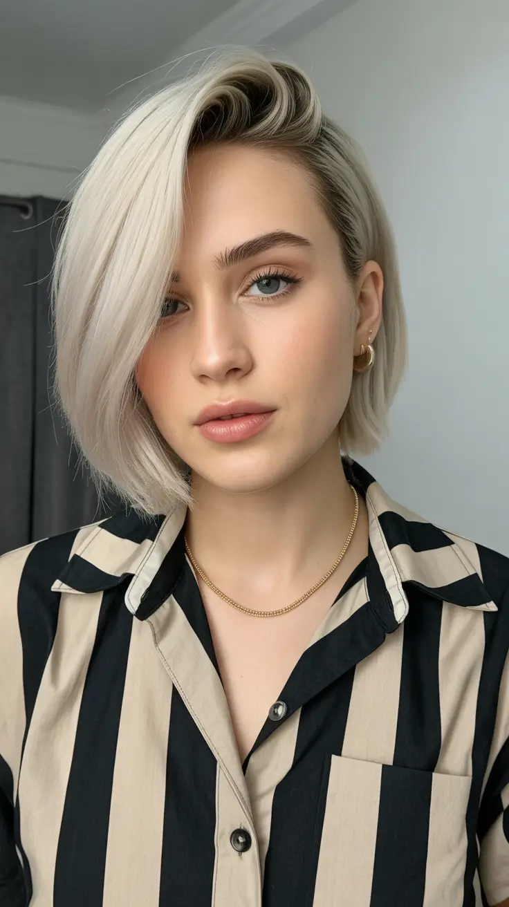 fabulous spring short hairstyles 2026 Side-Swept Platinum Precision Bob