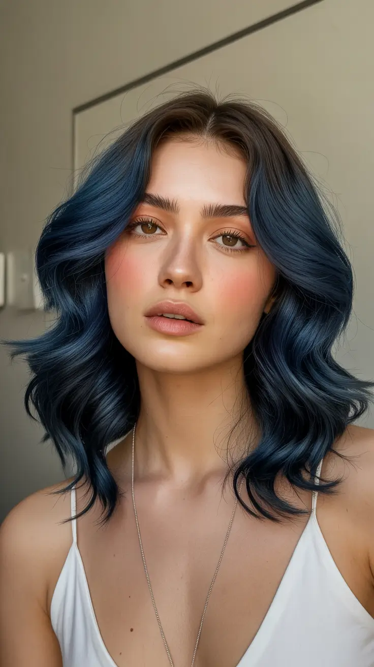 light spring hair color ideas 2026 to look younger Midnight Blue Waves for a Modern Bold Statement