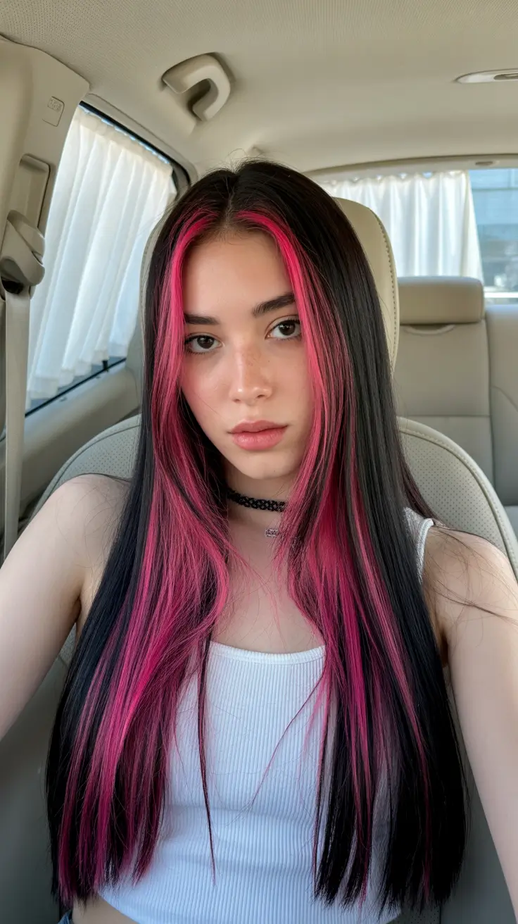 light spring hair color ideas 2026 to look younger Black Hair with Pink Highlights