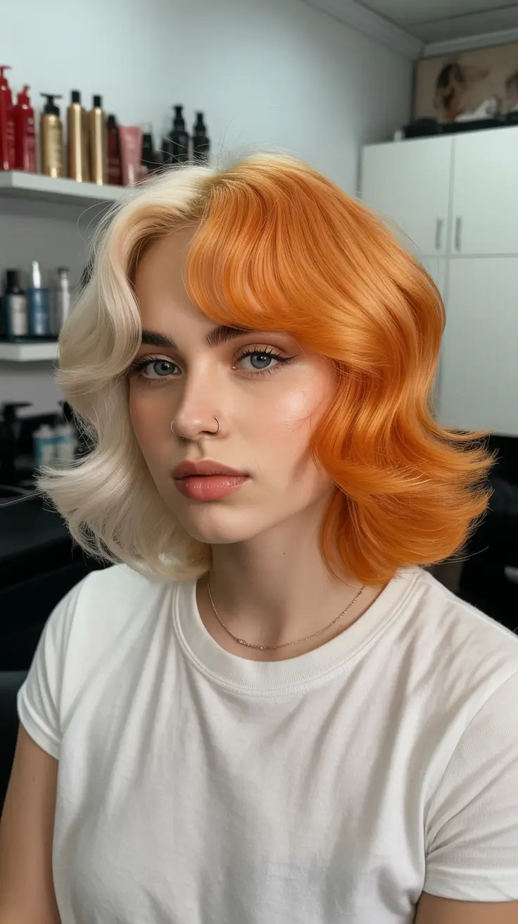 light spring hair color ideas 2026 to look younger Split Copper and Platinum Bob